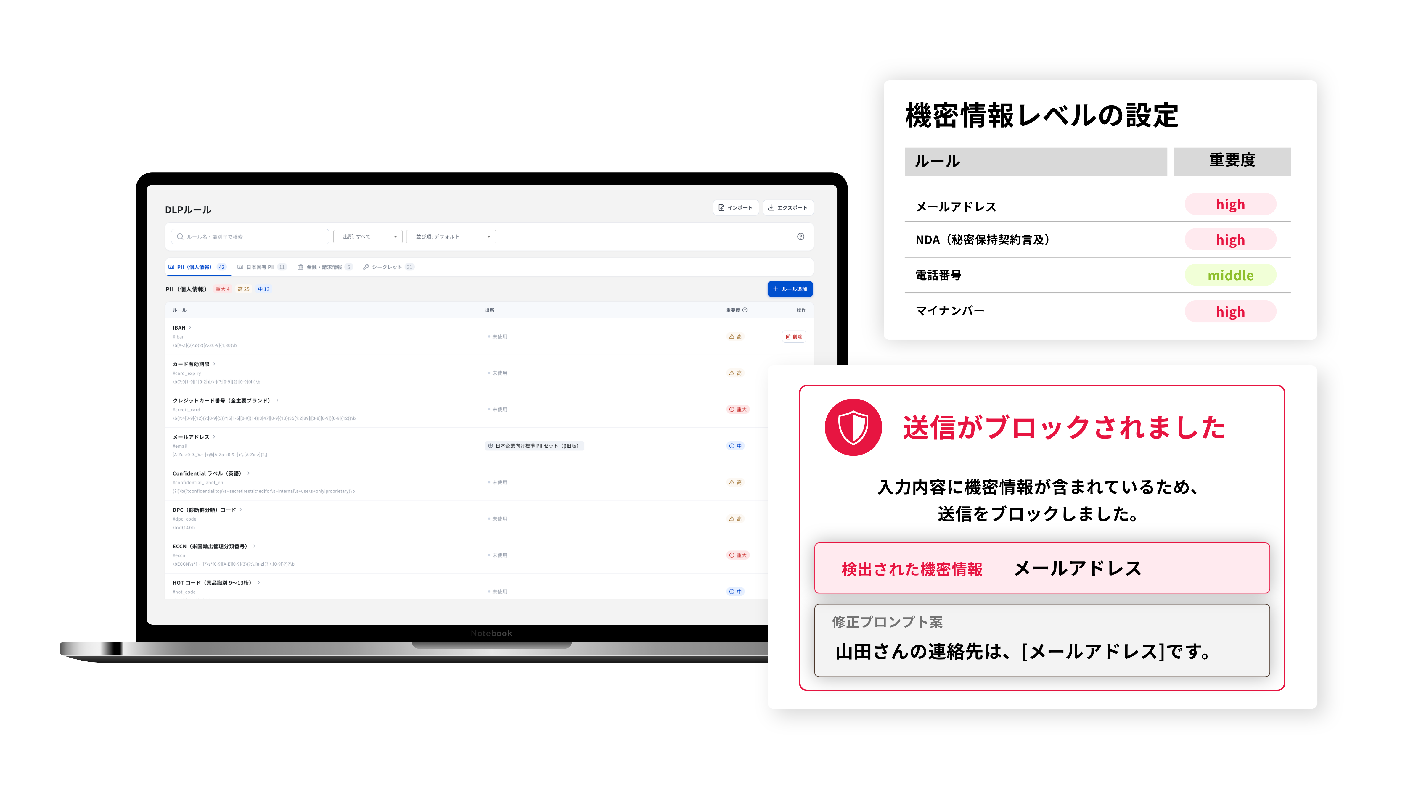 機密情報の検知・制御画面